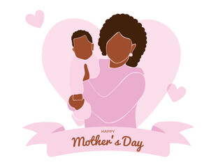 Happy Mother's Day card. Black mom hugs the child. Faceless vector illustration. EPS 10.