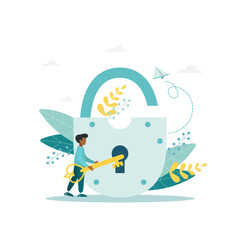 The guy opens the lock with a key. The concept of approved, authorized or authorized access to protected data, successful authorization, correct password. Flat vector illustration for banner, poster.
