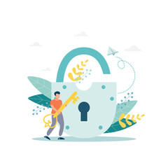 The guy opens the lock with a key. The concept of approved, authorized or authorized access to protected data, successful authorization, correct password. Flat vector illustration for banner, poster.
