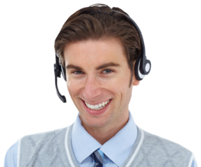 Call center, business man and portrait with success smile and confidence in customer service and support. Telemarketing agent, male consultant and employee isolated on a transparent png background