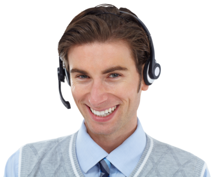 Call center, business man and portrait with success smile and confidence in customer service and support. Telemarketing agent, male consultant and employee isolated on a transparent png background