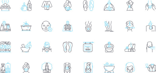 skincare regimen linear icons set. Moisturize, Cleanser, Tr, SPF, Exfoliate, Serum, Hydration line vector and concept signs. Acne,Anti-aging,Retinol outline illustrations