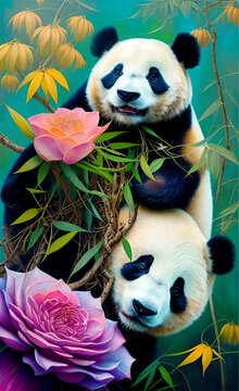 panda bears with flowers, generative ai