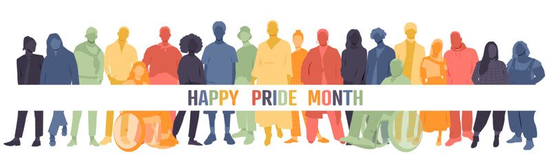 Happy Pride Month banner. Different people stand side by side together. 