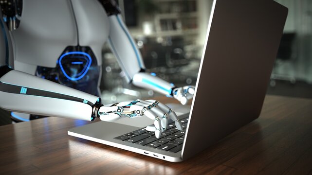 Humanoider Roboter als Assistent am Laptop im B&uuml;ro