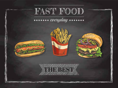 Fast food menu.  Vintage vector illustration. Hand-drawn sketch illustration of fast food isolated on chalkboard  background. Great for menu, poster or restaurant background.