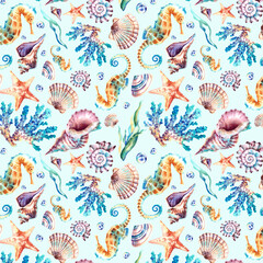 Pattern of marine animals. Seashells, seahorse, starfish. Watercolor illustration. Background. Collage.