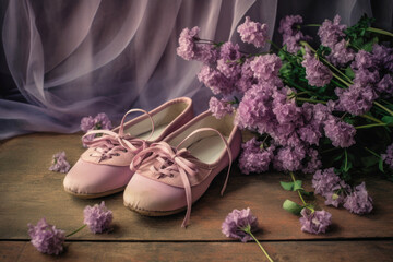 Obraz na płótnie Canvas Flat shoes and purple flowers, Generative AI