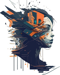 Girl face in cyberpunk style multicolor vector illustration isolated on white background
