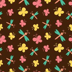 vector illustration seamless pattern of colored butterflies and dragonflies on braun background