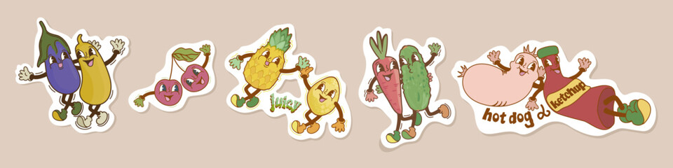 Retro cartoon funny heroes with gloved hands. Set of comic characters. Cute vegetables and fruits. Retro cartoon sticker collection.
