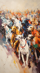 Fototapeta premium Various dog breeds competing in Olympic events, highly detailed painting of working dogs in action, carnivorous mammals with fawn-colored fur and collars, generative AI.