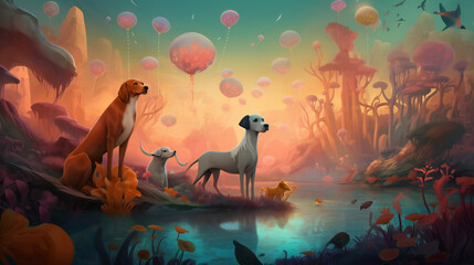 Fantastical dream dogs in natural landscape, playful mammal interactions, vibrant lighting and artful cartoon style, generative AI.