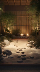 Snowy Zen garden landscape with carefully raked sand, trees, and grass, featuring a building in the background, generative AI.
