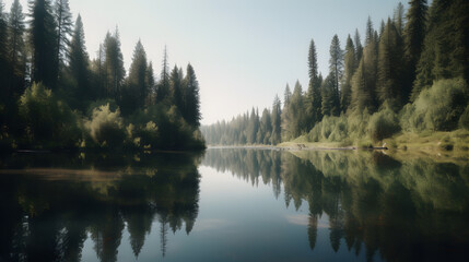 A serene and calming shot of a lake surrounded by trees, with a reflection of the sky in the water.