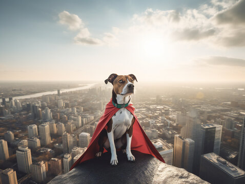 Superhero dogs with capes saving the city, happy carnivore pets, skyscrapers and cloudscape in background, flash photography, generative AI.