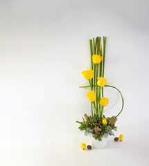 Line design with yellow roses and chocolate egg and three yellow chicken