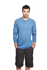 Fototapeta premium Serious man, portrait and hands in pockets with style, fashion or cool isolated on a transparent png background. Confidence, young person or male model from Canada in stylish clothes or trendy shorts