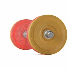 A red and yellow dumbbell on a white surface, 3d rendering