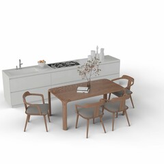 A wooden table near a kitchen counter, 3d rendering
