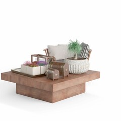 the coffee table has two potted plants on it, 3d rendering