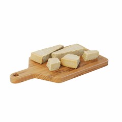 wooden chopping board with four pieces of cheese, 3d rendering