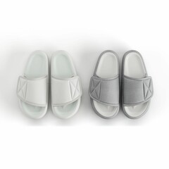 two pairs of slippers sitting next to each other on a white surface, 3d rendering