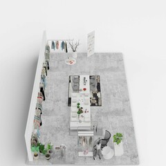 Aerial view of a room with cloth racks all around, 3d rendering