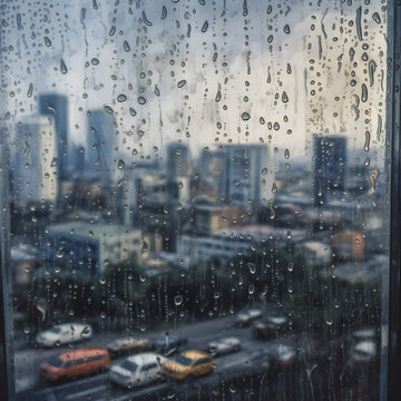 Detailed melancholic raindrops on glass with cityscape, building, and cloudy sky reflection, atmospheric drizzle, generative AI.