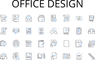 Office design line icons collection. Home decor, Website development, Digital marketing, Web design, Business planning, Graphic design, Creative writing vector and linear illustration. Brand identity