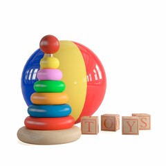 a stacking pyramid toy next to blocks, 3d rendering