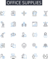 Office supplies line icons collection. Statiry items, Business tools, Work essentials, Writing materials, Desktop accessories, Paper goods, Desk necessities vector and linear illustration. Writing