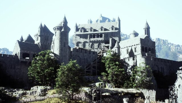 Old ruined castle in the misty mountains
