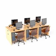 A desk with computers and chairs, 3d rendering