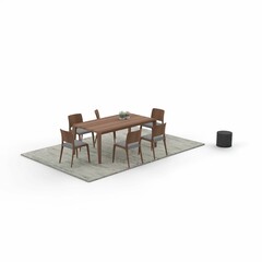 the dining table is set on the rug with wooden chairs, 3d rendering