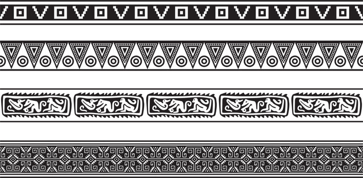 Vector set of seamless monochrome national native american ornaments. Endless ethnic black borders, frames of the peoples of America, Aztec, Maya, Incas. For sandblasting, plotter and laser cutting..