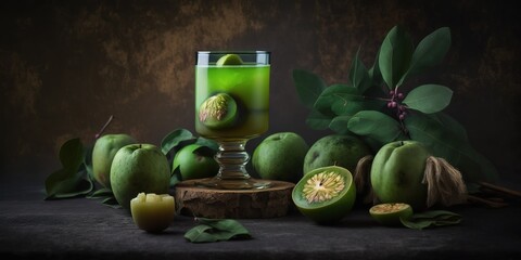 Green feijoa juice, made from real feijoas and apples, is a refreshing cocktail. Generative AI