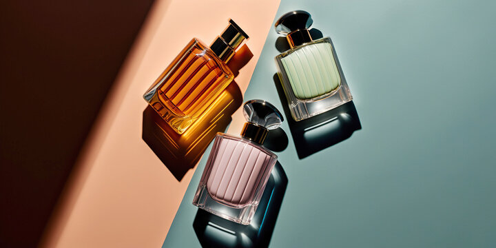 Collection of transparent multi color glass perfume bottles on a light background. Art composition still life. Stylish parfumerie banner. Generative AI.