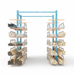 A blue shelfs stocked with metal poles and wooden planks, 3d rendering