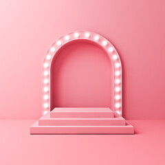 Blank pink rectangle podium pedestal stage or product presentation platform with glowing retro white neon light bulbs on pink pastel color wall background with shadow minimal conceptual 3D rendering