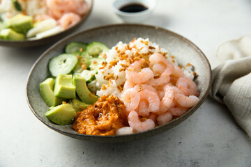Homemade poke bowl with shrimps