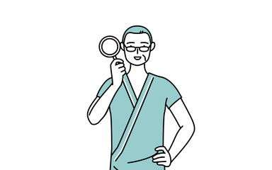 虫メガネをのぞく中年・シニア男性入院患者