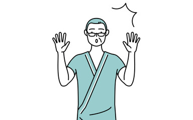 驚いて手を上げる中年・シニア男性入院患者