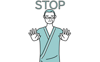 ストップの合図、体の前に手を突き出す中年・シニア男性入院患者