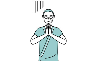 体の前で手を合わせて謝る中年・シニア男性入院患者