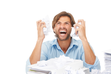 Business man, stress and crumpled paper with shout, anger and anxiety with mistake by png background. Isolated businessman, paperwork and documents with audit, burnout and frustrated face at company