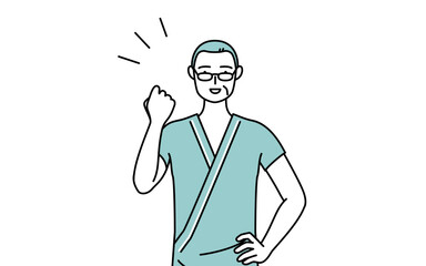 ガッツポーズをする中年・シニア男性入院患者