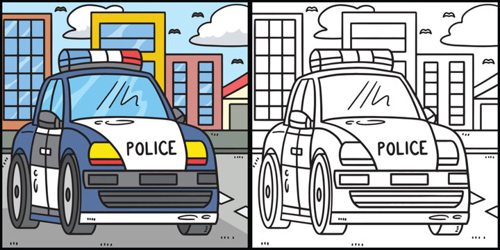 Police Car Coloring Page Colored Illustration