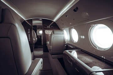 Interior of luxurious private jet with leather seats. Illustration AI Generative