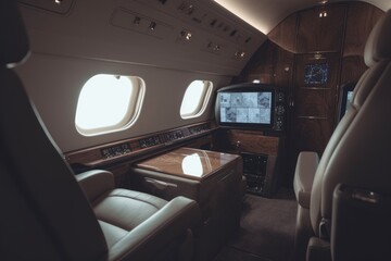 Interior of luxurious private jet with leather seats. Illustration AI Generative